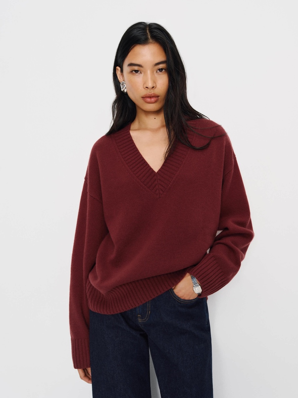 NWOT Reformation Jadey Cashmere Oversized V-Neck Sweater Chianti Red